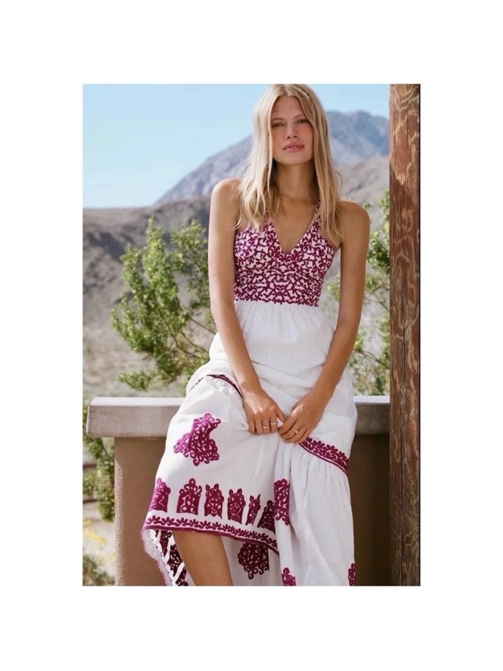 Anthropologie Manuela Embroidered Maxi Dress White Magenta Cotton Boho beach